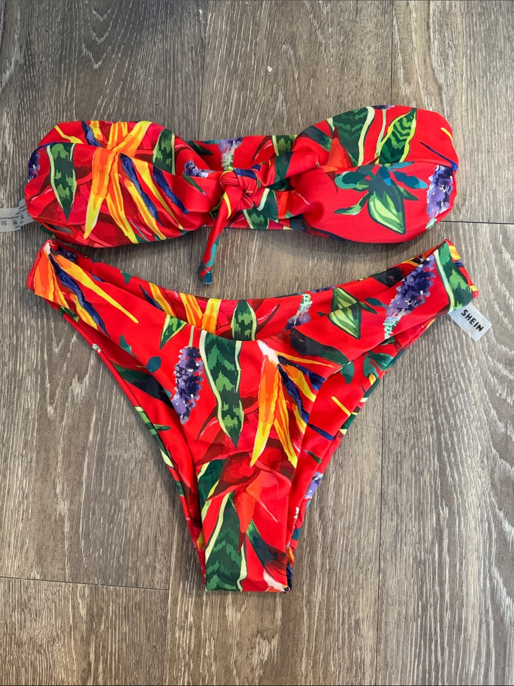 Red Tropical Floral Bandeau Bikini Set
